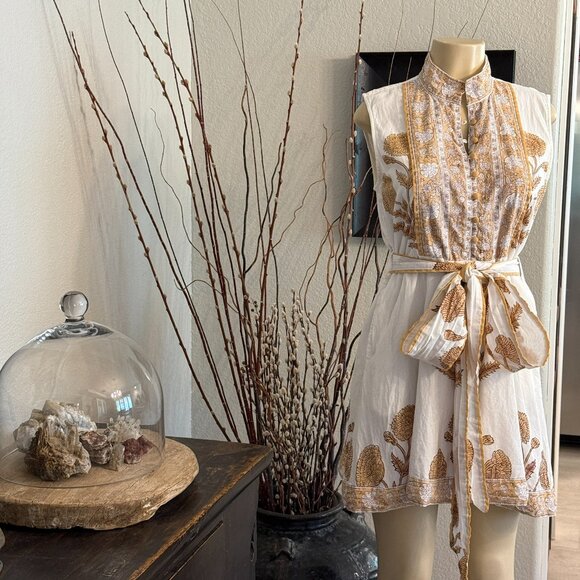 SUE SARTOR Hand Made Block Printed Brown&Cream Floral&Vines FLOUNCE DR. - Picture 9 of 12